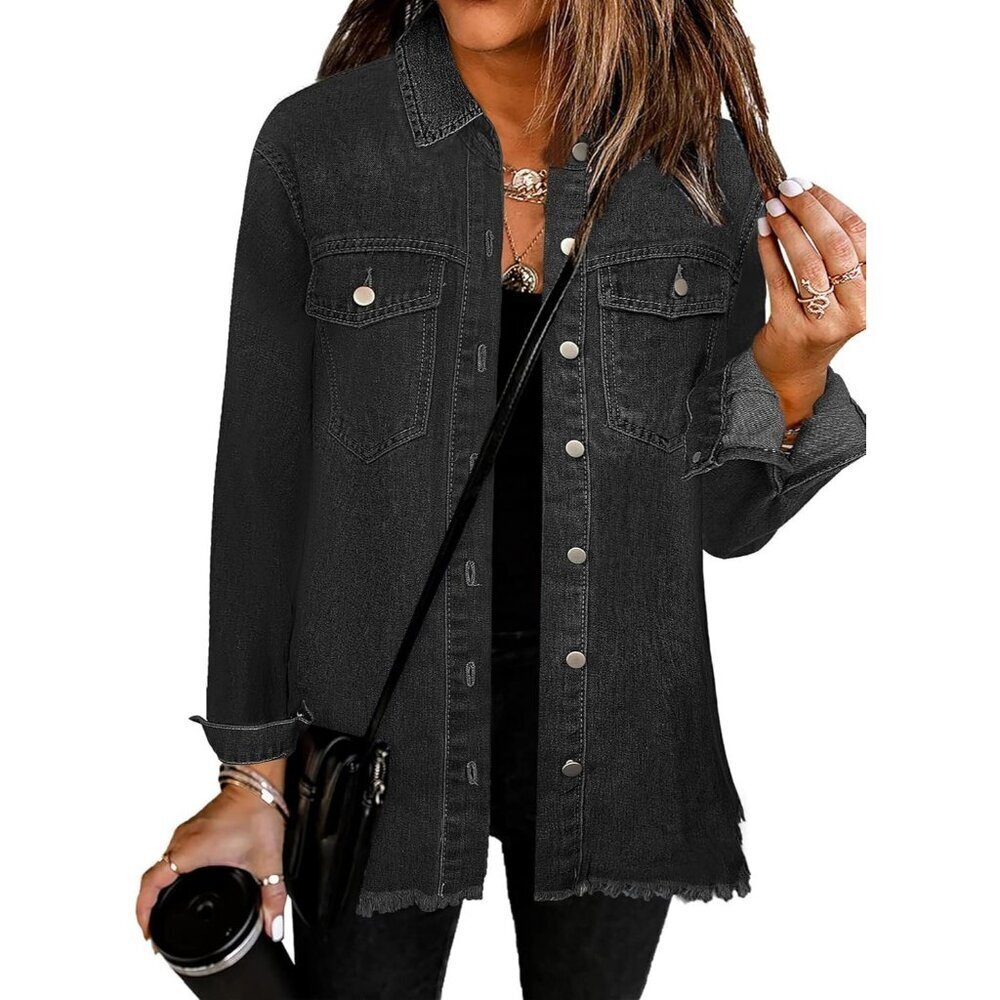 Women's Oversized Jean Jacket Long Sleeve Denim Distressed Frayed Hem Black